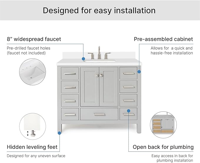ARIEL Cambridge 42-inch Bathroom Vanity with Sink,Solid Wood, 1.5-inch Pure White Quartz Countertop & Backsplash, Single Rectangular Porcelain Sink, 2 Soft Closing Doors, 9 Dovetail Drawers, Grey