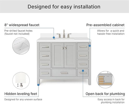 ARIEL Cambridge 42-inch Bathroom Vanity with Sink,Solid Wood, 1.5-inch Pure White Quartz Countertop & Backsplash, Single Rectangular Porcelain Sink, 2 Soft Closing Doors, 9 Dovetail Drawers, Grey