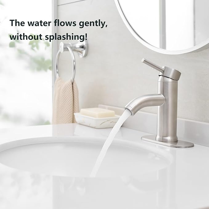 Brushed Nickel Bathroom Faucets Single Hole Bathroom Sink Faucet | Modern Single Handle Bathroom Faucte 1 or 3 Hole, RV Sink Vanity Faucet (with Drain, Brushed Nickel)