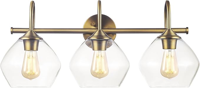 Globe Electric 63000103 26" 3-Light Vanity Fixture, Brass Finish, Clear Glass Shades, Beauty Room Accessories, Bathroom Lighting Over Mirror, Makeup Lights, Wall Light, Home Essentials, House Décor