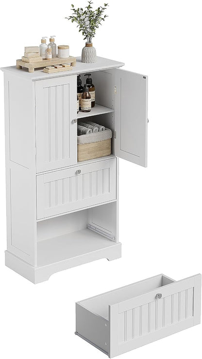 Treocho Bathroom Floor Cabinet with 2 Drawers and Adjustable Shelf | Bathroom Storage Cabinet, Freestanding Cupboard Pantry for Kitchen, Living Room, Dining Room, White