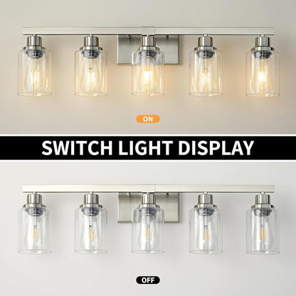 Bathroom Vanity Light, 5-Light Nickel Modern Matte Wall Sconce Lighting with Clear Glass Shade, Wall Lights,Bath Vintage Wall Mounted Lamps for Mirror Bedroom Living Room