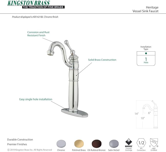 Kingston Brass KB1422BL Heritage Vessel Sink Faucet, 6-1/8", Polished Brass