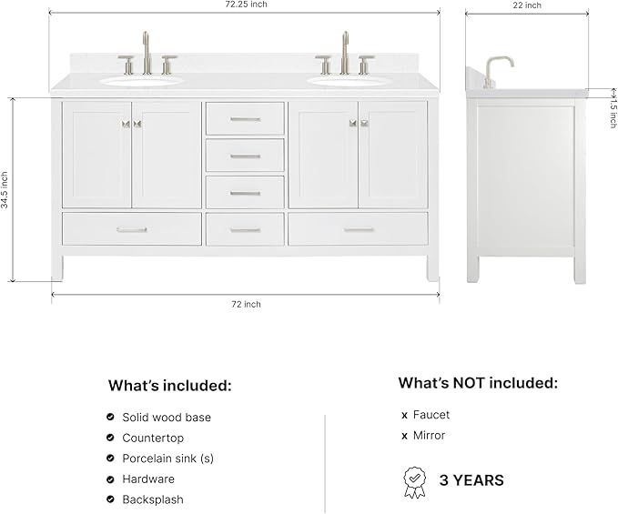 ARIEL Cambridge 72-inch Bathroom Vanity with Sink,Solid Wood, 1.5-inch Carrara White Quartz Countertop & Backsplash, Double Oval Porcelain Sink, 4 Soft Closing Doors, 6 Dovetail Drawers, White