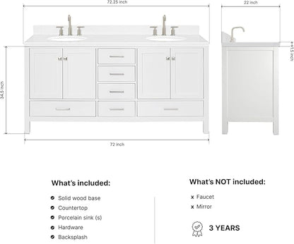ARIEL Cambridge 72-inch Bathroom Vanity with Sink,Solid Wood, 1.5-inch Carrara White Quartz Countertop & Backsplash, Double Oval Porcelain Sink, 4 Soft Closing Doors, 6 Dovetail Drawers, White