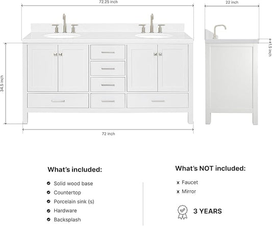 ARIEL Cambridge 72-inch Bathroom Vanity with Sink,Solid Wood, 1.5-inch Carrara White Quartz Countertop & Backsplash, Double Oval Porcelain Sink, 4 Soft Closing Doors, 6 Dovetail Drawers, White
