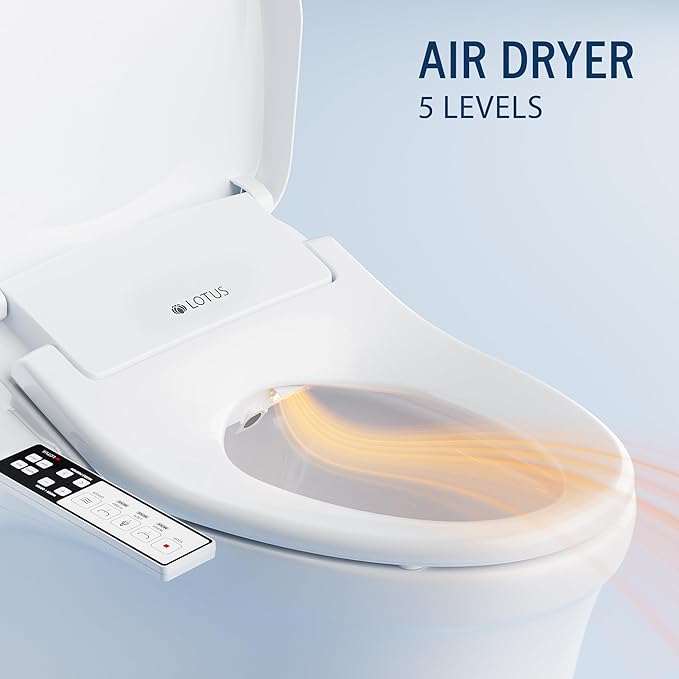 Lotus Bidet ATS-850 Elongated | Slim Heated Toilet Seat with Adjustable Warm Water Wash, Side Control Panel, Stainless Steel Nozzle, Warm Air Dryer, Night Light, Child Mode, Easy Installation