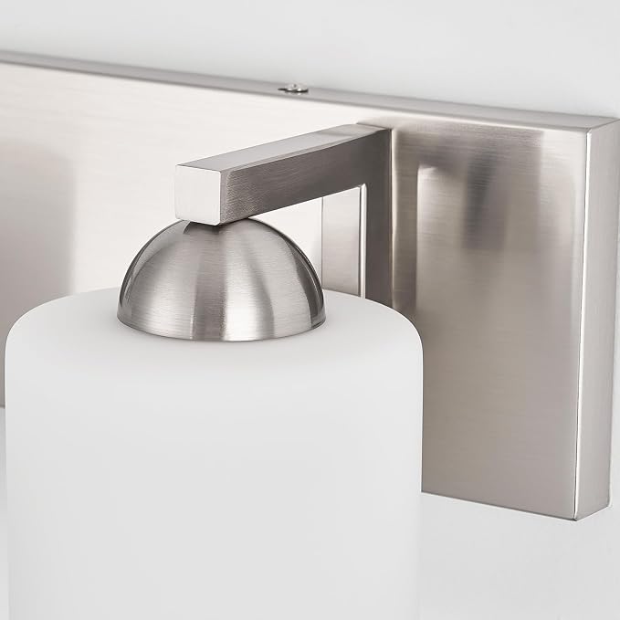 mirrea 4-Light Brushed Nickel Bathroom Vanity Light with White Glass Shades | makeup vanity illumination grooming station light over-sink wall lamp renovate remodel refresh decorate