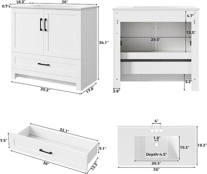 LIKIMIO 36" Bathroom Vanity with Sink, 1 Soft-Close Drawer & 2 Doors, White | Freestanding Bathroom Vanity, Integrated Ceramic Sink, Modern Bathroom Storage Cabinet, Easy Assembly