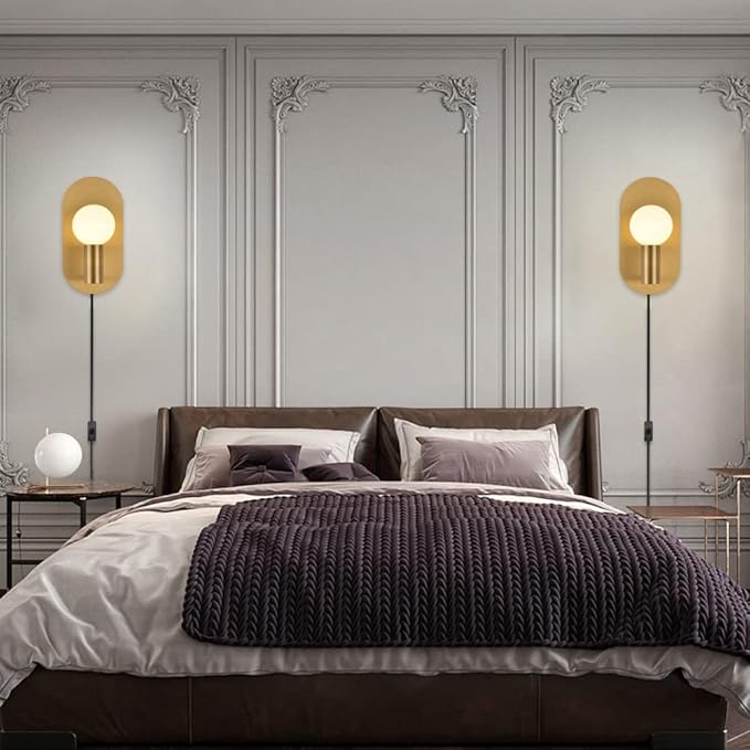 Plug in Wall Sconce Set of 2, Modern Sconces Wall Lighting Cord with On Off Switch, Brushed Gold Wall Mount Light Fixture for Bedroom Living Room Bathroom Vanity