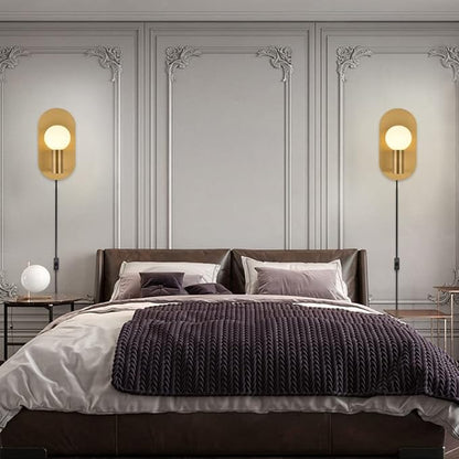 Plug in Wall Sconce Set of 2, Modern Sconces Wall Lighting Cord with On Off Switch, Brushed Gold Wall Mount Light Fixture for Bedroom Living Room Bathroom Vanity