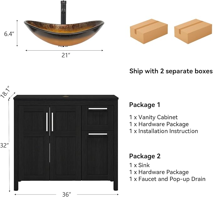 YOURLITE 36" Bathroom Vanity with Sink, Black Bathroom Vanity Cabinet with Faucet & Pop Up Drain Set,Traditional Vanity with Black Glass Bowl Bathroom Sink