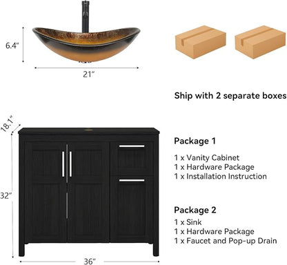 YOURLITE 36" Bathroom Vanity with Sink, Black Bathroom Vanity Cabinet with Faucet & Pop Up Drain Set,Traditional Vanity with Black Glass Bowl Bathroom Sink