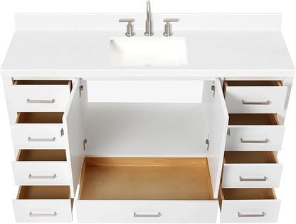 ARIEL Cambridge 60-inch Bathroom Vanity with Sink,Solid Wood, 1.5-inch Carrara White Quartz Countertop, Single Rectangular Porcelain Sink, 2 Soft Closing Doors, 9 Dovetail Drawers, White