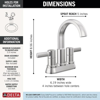 Delta Albion Centerset Chrome Bathroom Faucet, 4 Inch 3 Hole Bathroom Sink Faucet for Vanity, Metal Push-Pop Drain Assembly, Chrome 25855LF
