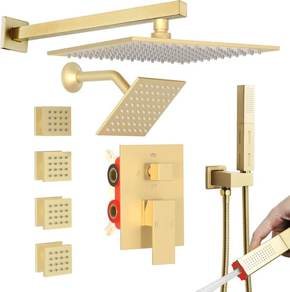 Enga Shower System with Body Jets, Dual Head 10 Inch Rain Shower Head with 6 Inch Showerhead, 4 Body Jets with 2 in 1 Handheld Spray, Brushed Gold