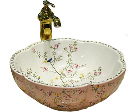 Bathroom Vanity Top Vessel Sink Pink Color American Style Ceramic Countertop Sink Bowl with Flower Bird Pattern without Faucet - Above Counter Installation - 16.4"L x 16.4"W x 5.9"H
