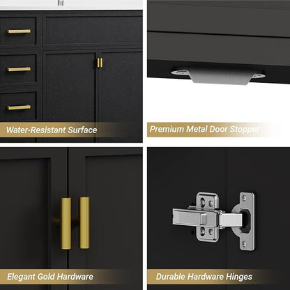 36 Inch Freestanding Bathroom Vanity with Sink, Shaker Style Black Cabinet with 4 Drawers & Double Doors, Waterproof Lacquer Finish, Multi-Drawer Storage for Master Bathroom