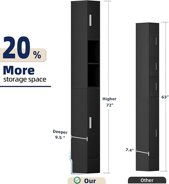 MOHOPE Narrow Bathroom Storage Cabinet, 72" Tall Slim Bathroom Cabinet with 2 Doors & Adjustable Shelves, Skinny Freestanding Floor Cabinet for Small Spaces, Living Room, Black
