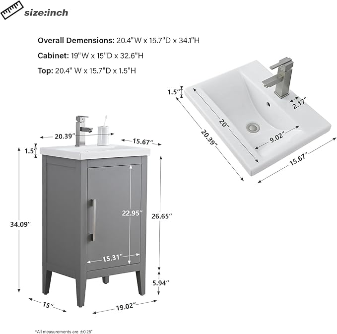 HomeBeyond 20 Inch Bathroom Vanity with Sink & Ceramic Top, Single Vanity Cabinet with Basin, Soft-Closing Doors & Matte Black Hardware, Grey