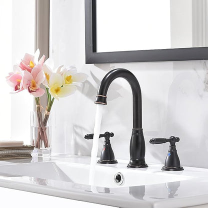 2-Handle 8 Inch 3 Hole Oil Rubbed Bronze Widespread Bathroom Faucets, with Valve and Metal Pop-Up Drain, WF017-4-ORB