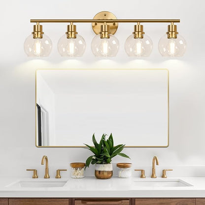Indoi 5-Light Bathroom Light Fixture, Modern Brushed Gold Bathroom Lights Over Mirror with Clear Glass Globe Shades, Vanity Lighting Fixtures for Kitchen, Living Room, Hallway, Bedroom, Porch