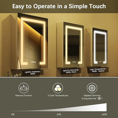 20x26 Inch Bathroom Medicine Cabinet with Mirror, Lighted Bathroom Mirror Cabinet, Recessed/Surface Mount Medicine Cabinet with Socket & USB, Anti-Fog, 3 Colors Temperature, Dimmable Light