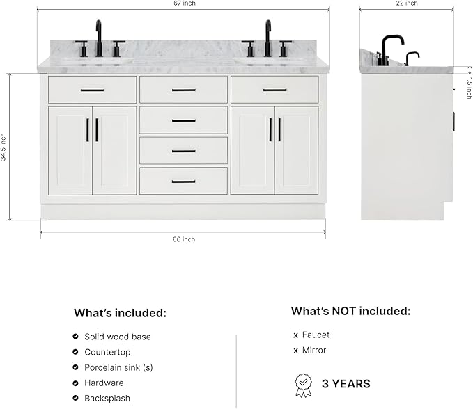 ARIEL Hepburn 66-inch Bathroom Vanity with Sink,Solid Wood, 1.5-inch Italian Carrara Marble Countertop, Double Rectangular Porcelain Sink, 4 Soft Closing Doors, 6 Dovetail Drawers, White