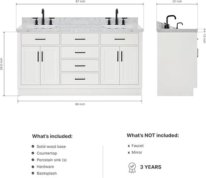 ARIEL Hepburn 66-inch Bathroom Vanity with Sink,Solid Wood, 1.5-inch Italian Carrara Marble Countertop, Double Rectangular Porcelain Sink, 4 Soft Closing Doors, 6 Dovetail Drawers, White
