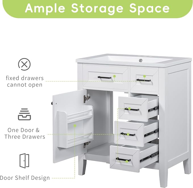 30 Inch Bathroom Vanities with Undermount Ceramic Sink, Storage Cabinet with Soft Closing Doors, Three Drawers and Organizer Rack Shelf, Solid Wood Frame, White