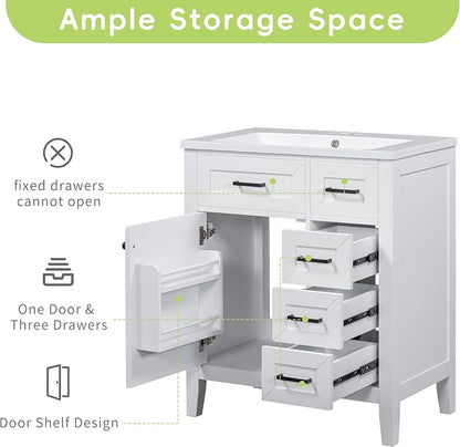 30 Inch Bathroom Vanities with Undermount Ceramic Sink, Storage Cabinet with Soft Closing Doors, Three Drawers and Organizer Rack Shelf, Solid Wood Frame, White