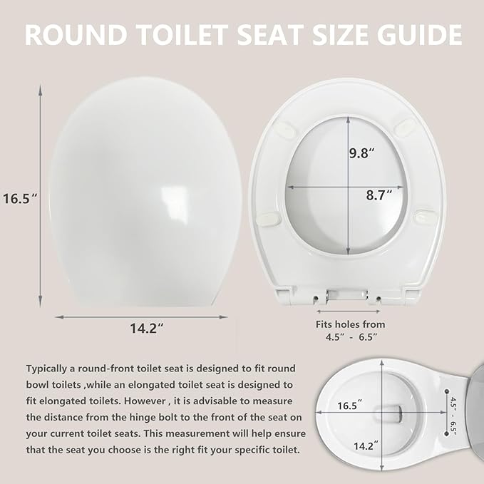 Heavy-Duty Premium Round Toilet Seat, Soft Close Quiet & Slow, Metal Hinges with Quick-Attach Hardware, Durable, Easy to Clean, Fits Standard Round Toilets (16.5″), White