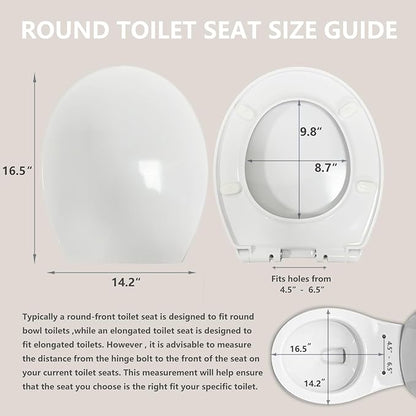 Heavy-Duty Premium Round Toilet Seat, Soft Close Quiet & Slow, Metal Hinges with Quick-Attach Hardware, Durable, Easy to Clean, Fits Standard Round Toilets (16.5″), White