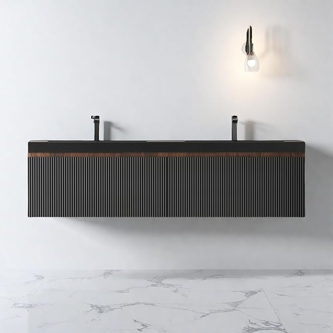 Wall Mounted Bathroom Sink Vanity, Modern 60" Floating Vanity with 2 Resin Top Basins and 2 U-Shaped Soft-Close Storage Drawers, Striped Bathroom Storage Cabinet with Invisible Handle, Black