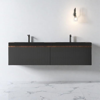 Wall Mounted Bathroom Sink Vanity, Modern 60" Floating Vanity with 2 Resin Top Basins and 2 U-Shaped Soft-Close Storage Drawers, Striped Bathroom Storage Cabinet with Invisible Handle, Black