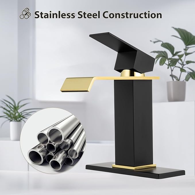 Bathroom Sink Faucet, Black and Gold Color, Waterfall Style, SUS304 Stainless Made, Single-Handle, Deck-Mount Suitable for 1-3-Hole, Drain and Supply Hoses Included