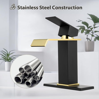 Bathroom Sink Faucet, Black and Gold Color, Waterfall Style, SUS304 Stainless Made, Single-Handle, Deck-Mount Suitable for 1-3-Hole, Drain and Supply Hoses Included