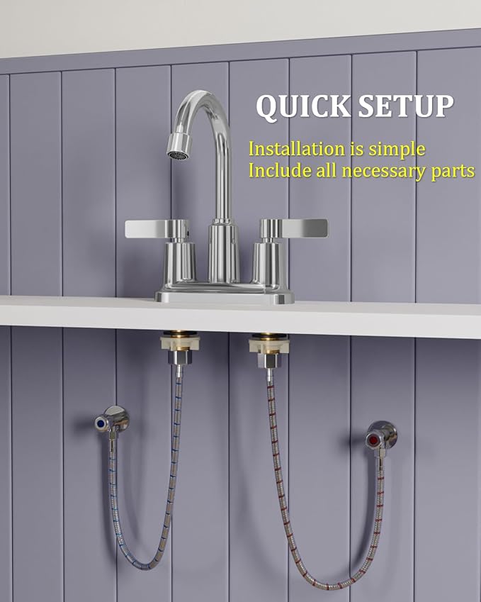 2 Pack Chrome 4 Inch Centerset Bathroom Sink Faucet 3 Hole | Faucet for Bath Sink with Pop Up Drain and 2 Supply Hoses 2 Handle Bathroom Faucets for Sink Vanity RV Evolvegoods