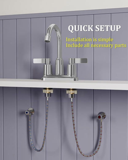 2 Pack Chrome 4 Inch Centerset Bathroom Sink Faucet 3 Hole | Faucet for Bath Sink with Pop Up Drain and 2 Supply Hoses 2 Handle Bathroom Faucets for Sink Vanity RV Evolvegoods