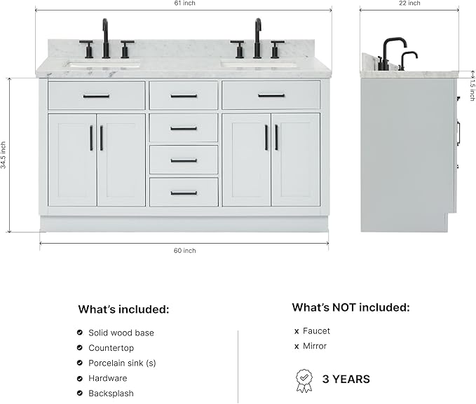 ARIEL Hepburn 60-inch Bathroom Vanity with Sink,Solid Wood, 1.5-inch Italian Carrara Marble Countertop, Double Rectangular Porcelain Sink, 4 Soft Closing Doors, 6 Dovetail Drawers, Grey