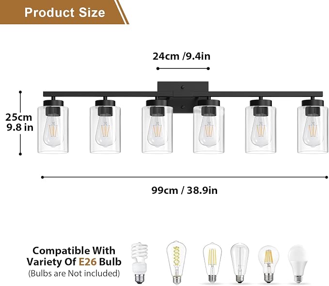 IZORRO Modern Bathroom Light Fixtures, 6 Light Black Vanity Lights, Bathroom Lighting Fixtures Over Mirror with Clear Glass for Living Room Cabinet Bedroom
