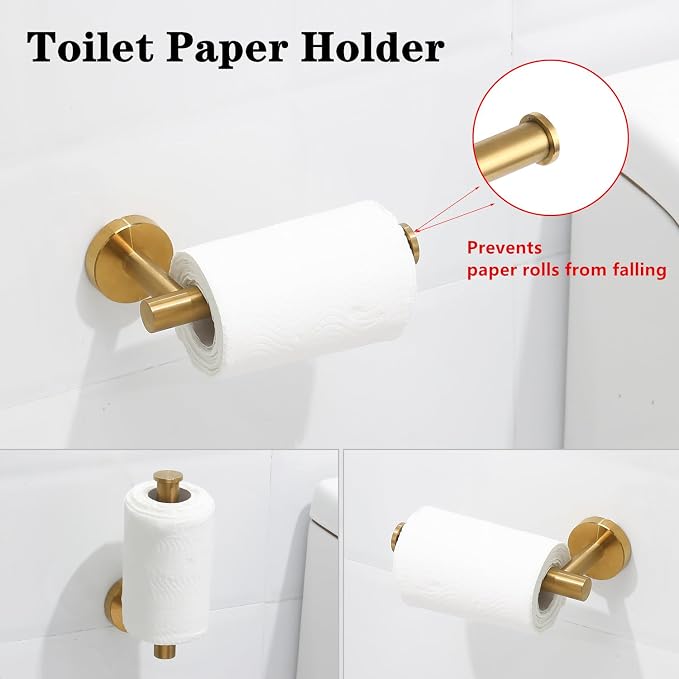 Brushed Gold Bathroom Hardware Accessories Set 5 Piece, Stainless Steel Bath Towel Bar Set 24 Inch,Toilet Paper Holder,Towel Ring Holder,Towel Rack Set,Gold Bathroom Accessories Kit