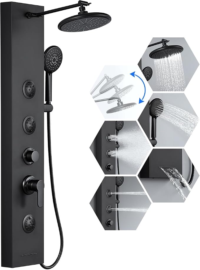 Rainfall Shower Panel Tower - 5 in 1 Full Body Shower, Matte Black | Stainless Steel Shower Column with 2 Powerful Body Jets, Handheld and Tub Spout, Brass Valves, Adjustable Shower Head