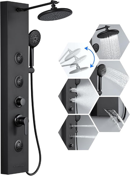 Rainfall Shower Panel Tower - 5 in 1 Full Body Shower, Matte Black | Stainless Steel Shower Column with 2 Powerful Body Jets, Handheld and Tub Spout, Brass Valves, Adjustable Shower Head