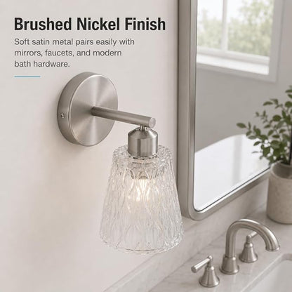 Brushed Nickel Bathroom Light Fixtures, 1-Light Modern Vanity Wall Sconce, 2-Pack, Textured Glass Shades, Stainless Steel Construction, E26 Sockets (Bulbs Not Included)
