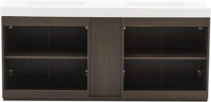72" Bathroom Vanity with Double Sink, Freestanding Double Sink Bathroom Vanity with White Engineered Stone Top, Open Storage Cabinet & Adjustable Shelf, 4 Soft-Closing Doors, Smoked Oak Brown