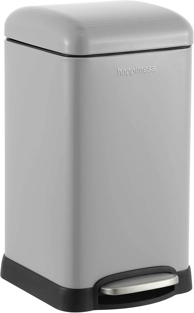 happimess Betty Retro Mini 3.2 Gal Step Trash Can, Gloss Gray | Soft-Close Lid, Removable Liner, Iron, Hands-Free Pedal, Non-Skid Base, Built-In Damper, Modern, Minimalistic