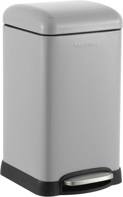 happimess Betty Retro Mini 3.2 Gal Step Trash Can, Gloss Gray | Soft-Close Lid, Removable Liner, Iron, Hands-Free Pedal, Non-Skid Base, Built-In Damper, Modern, Minimalistic