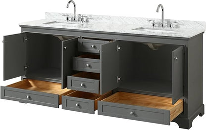 Wyndham Collection Deborah 80 inch Double Bathroom Vanity in Dark Gray, White Carrara Marble Countertop, Undermount Square Sinks, and No Mirror