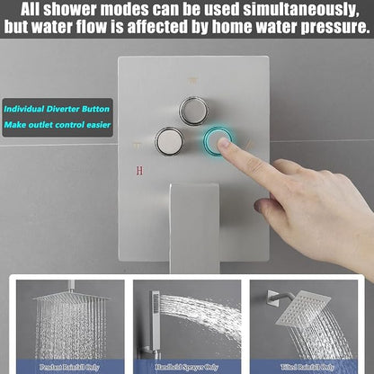 Shower Faucet Set Brushed Nickel 12 Inch Ceiling Mount Rainfall Shower System with 2 Rain Shower Head and Handheld Head Push Button Diverter Shower Trim Kit and Rough-in Valve Body